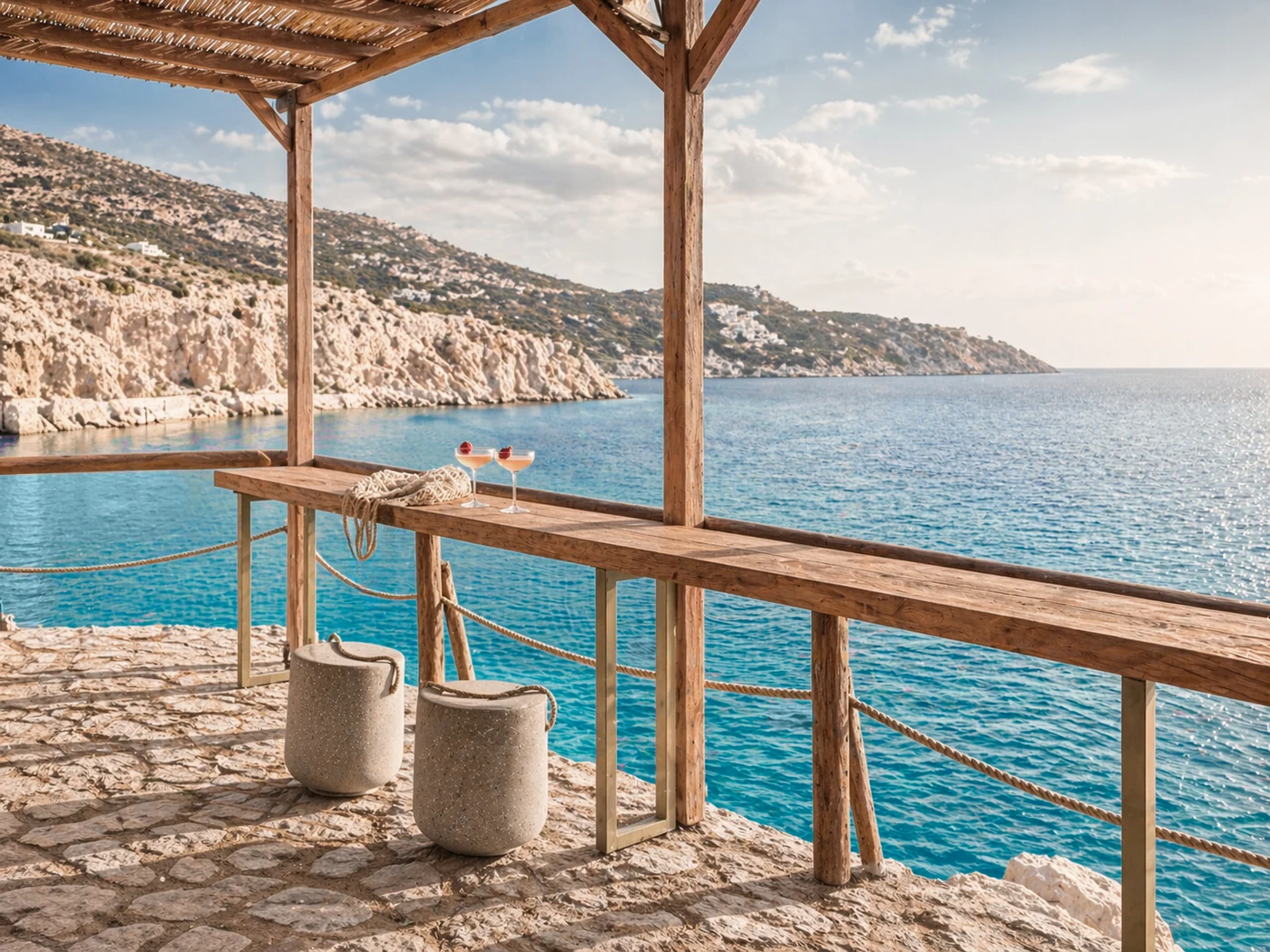 Cliffside open bar above private cove — Meltemi Villa luxury rental Crete