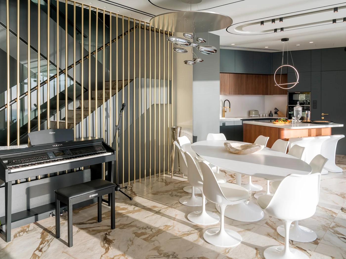 Grand interior with Yamaha piano, marble floors and designer kitchen — Meltemi Villa Crete